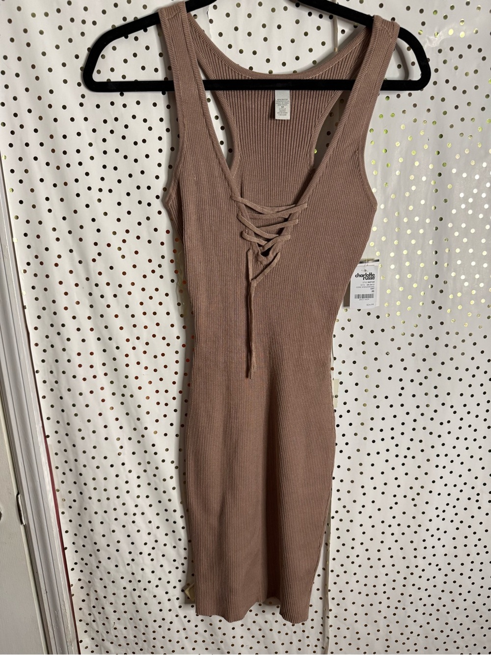 Charlotte Russe Taupe Ribbed Lace-Up Dress